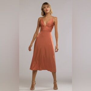Sau Lee Lea Plunge Neck Midi Dress Terracotta